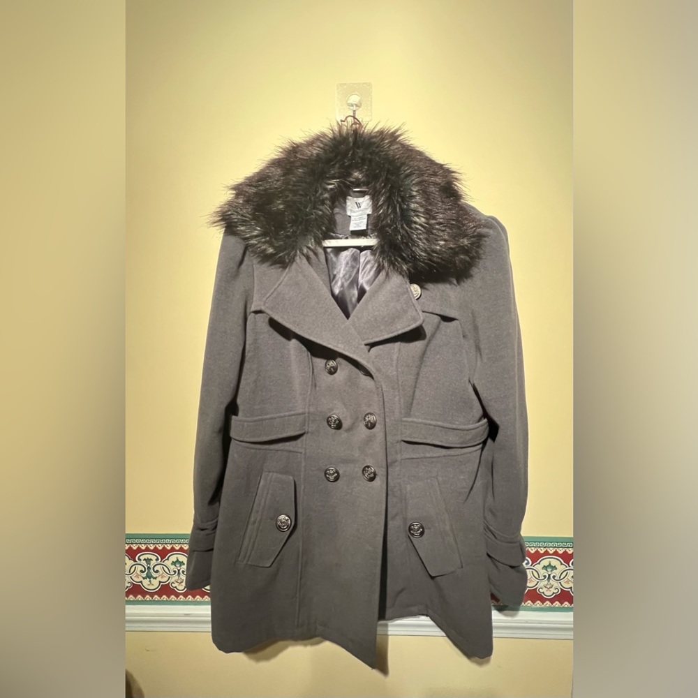 EUC Worthington Women's Gray Pea Coat size XL Faux Fur Collar